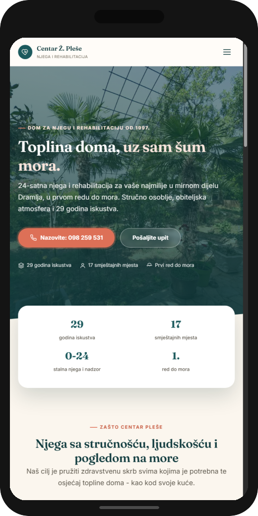 Centar Pleše — mobilna verzija stranice