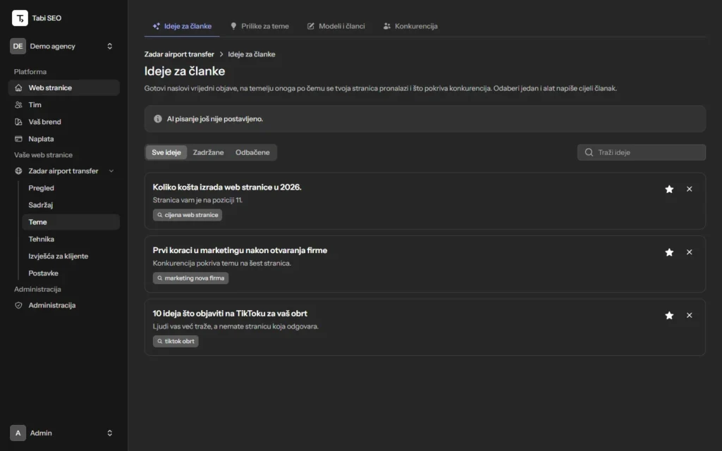 Tabi SEO: popis ideja za članke s gotovim naslovima i razlogom zašto ih vrijedi napisati (demo podaci)